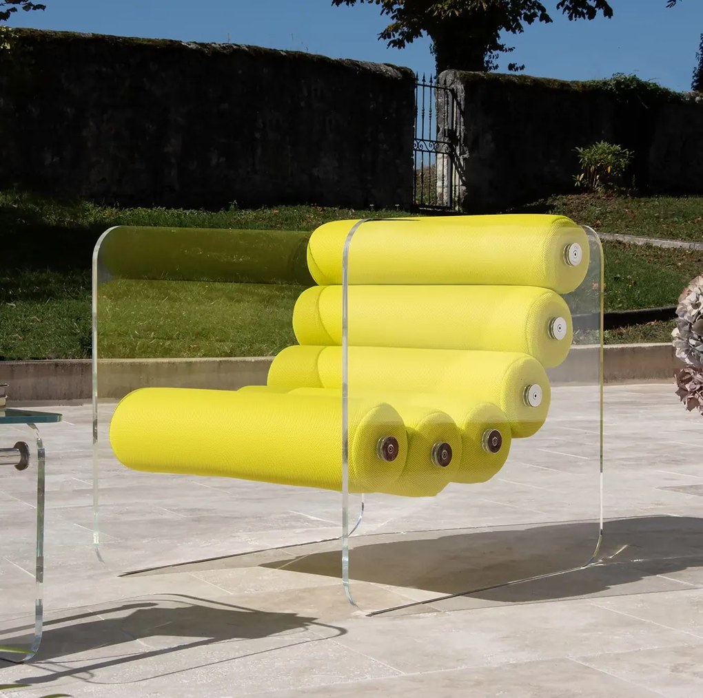 Fotoliu Living colectie KUUMO MW02, perne galbene, cotiere laterale, PMMA, panouri transparente