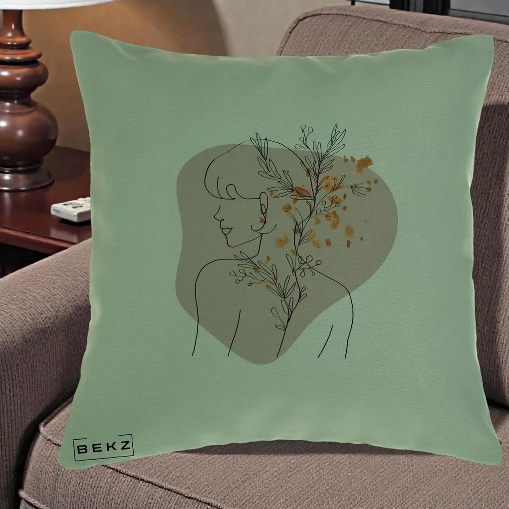 Perna Decorativa Femeie cu Flori Line Art Boho, 40x40 cm, Verde, Husa Detasabila, Perna Inclusa, BEKZ®