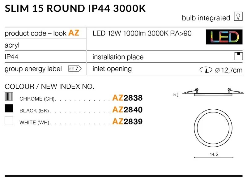 Spot LED pentru baie incastrat IP44 Slim 15 round 3000K alb