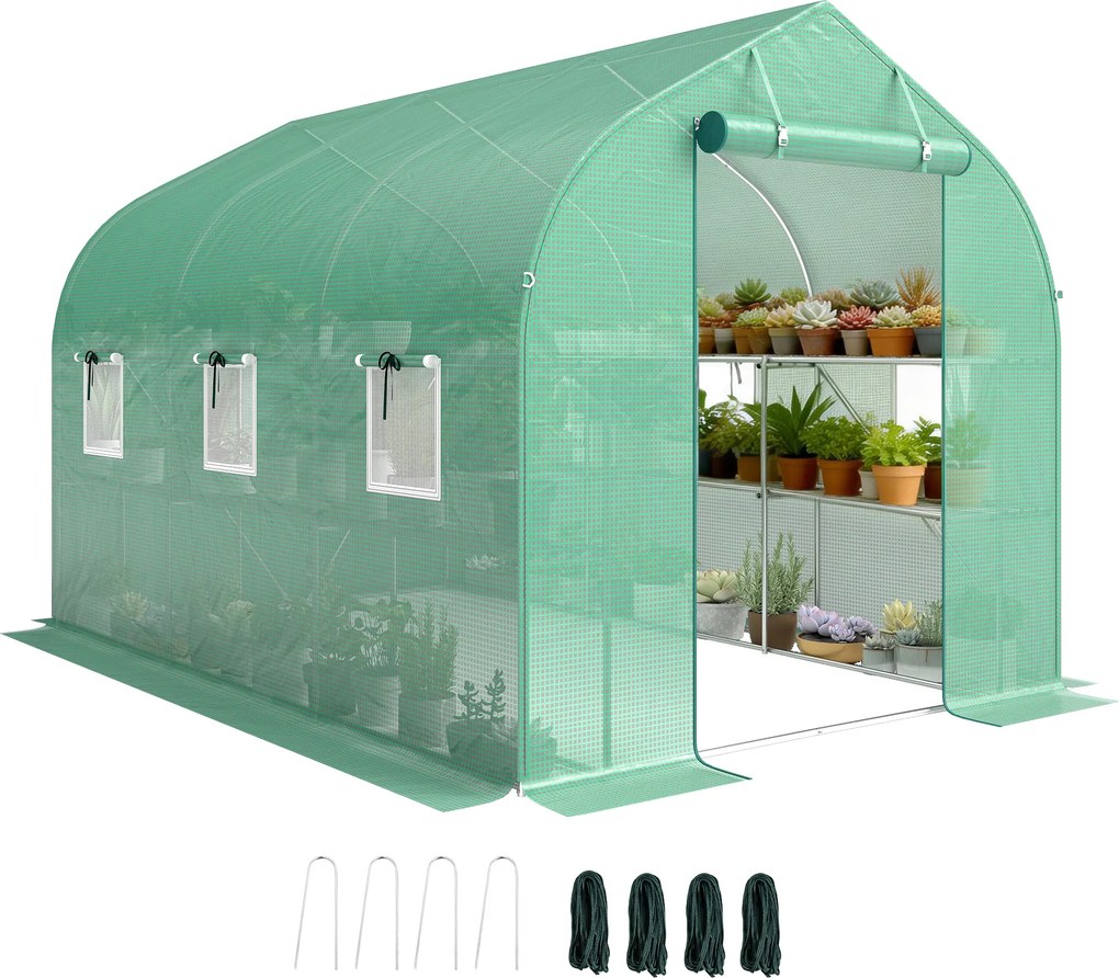 Outsunny Seră tunel de grădină 6 m², seră de grădină cu rafturi, ușă și 6 ferestre, cadru din oțel galvanizat, verde | Aosom Romania