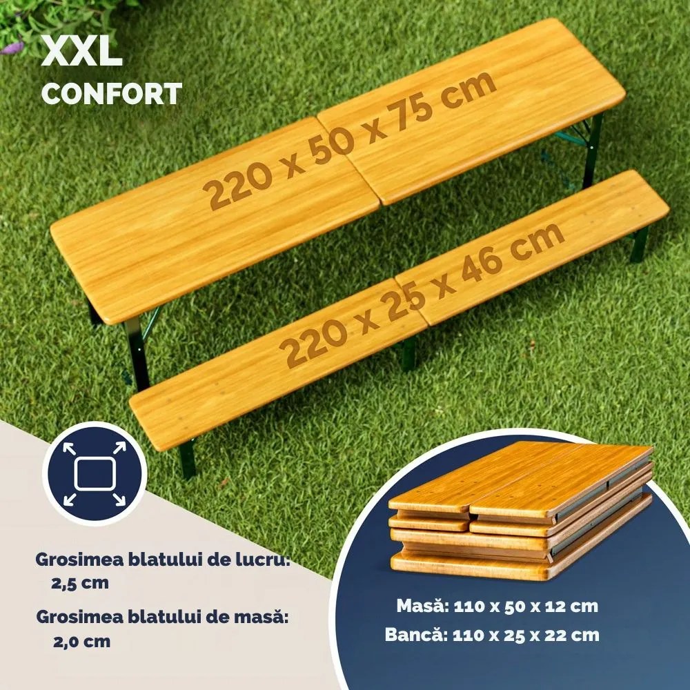 Set de masă pentru bere MAXI pliabil, 220cm, maro natural Jurhan