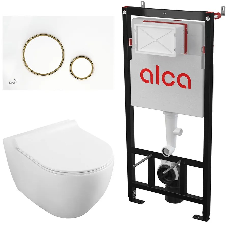Set rezervor WC cu cadru incastrat Alca AM101/1120 si clapeta M775 alb plus vas WC Fluminia Minerva cu capac softclose alb