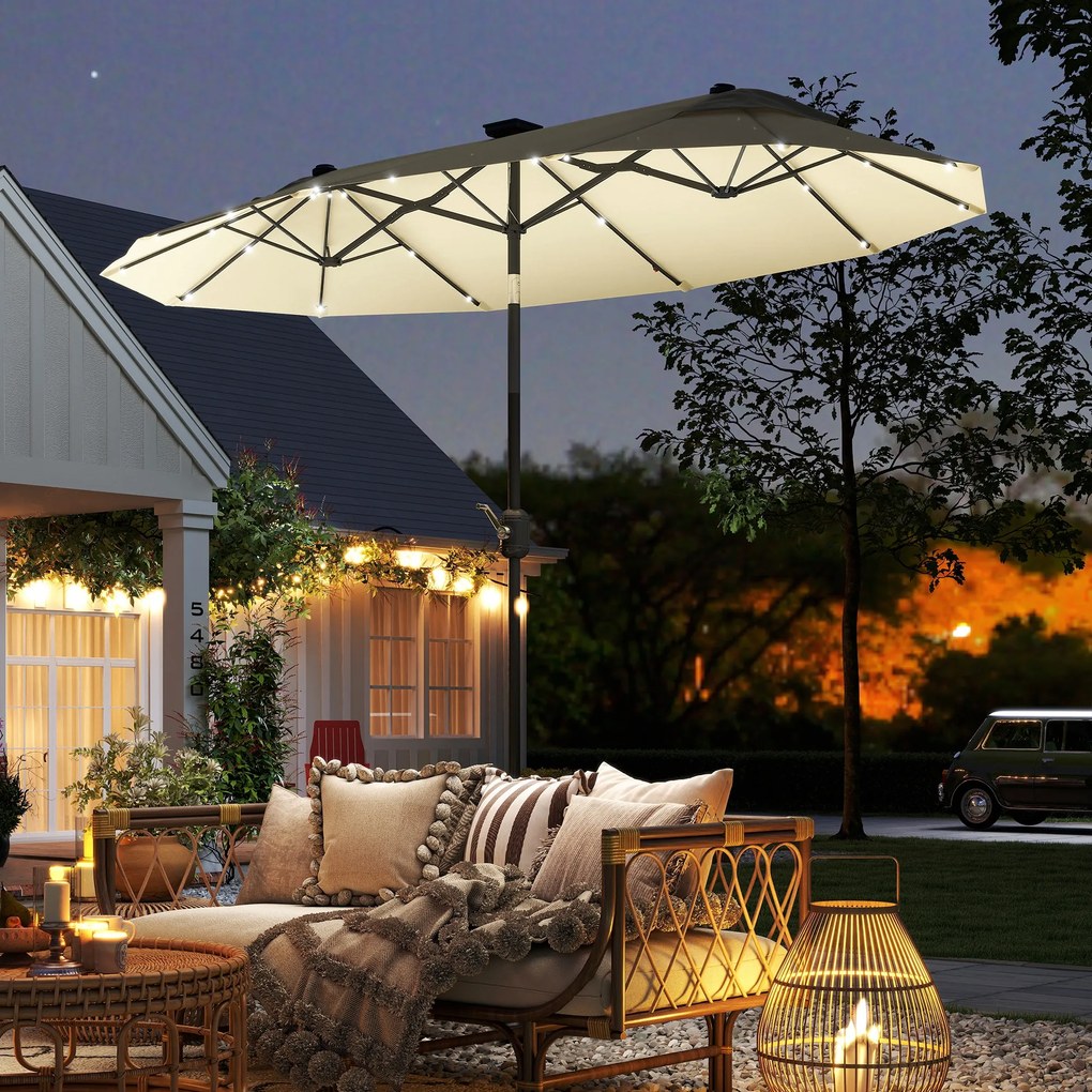 Outsunny Umbrelă Dublă Înclinabilă cu Manivelă, Lumini LED, Bază în Cruce şi Orificii de Ventilaţie, 295x150 cm, Alb Crem | Aosom Romania