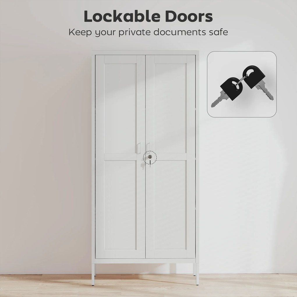 HOMCOM Dulap pentru Birou în Oțel cu 3 Rafturi Reglabile cu Serratură și 2 Chei, 80x40x175 cm, Alb | Aosom Romania