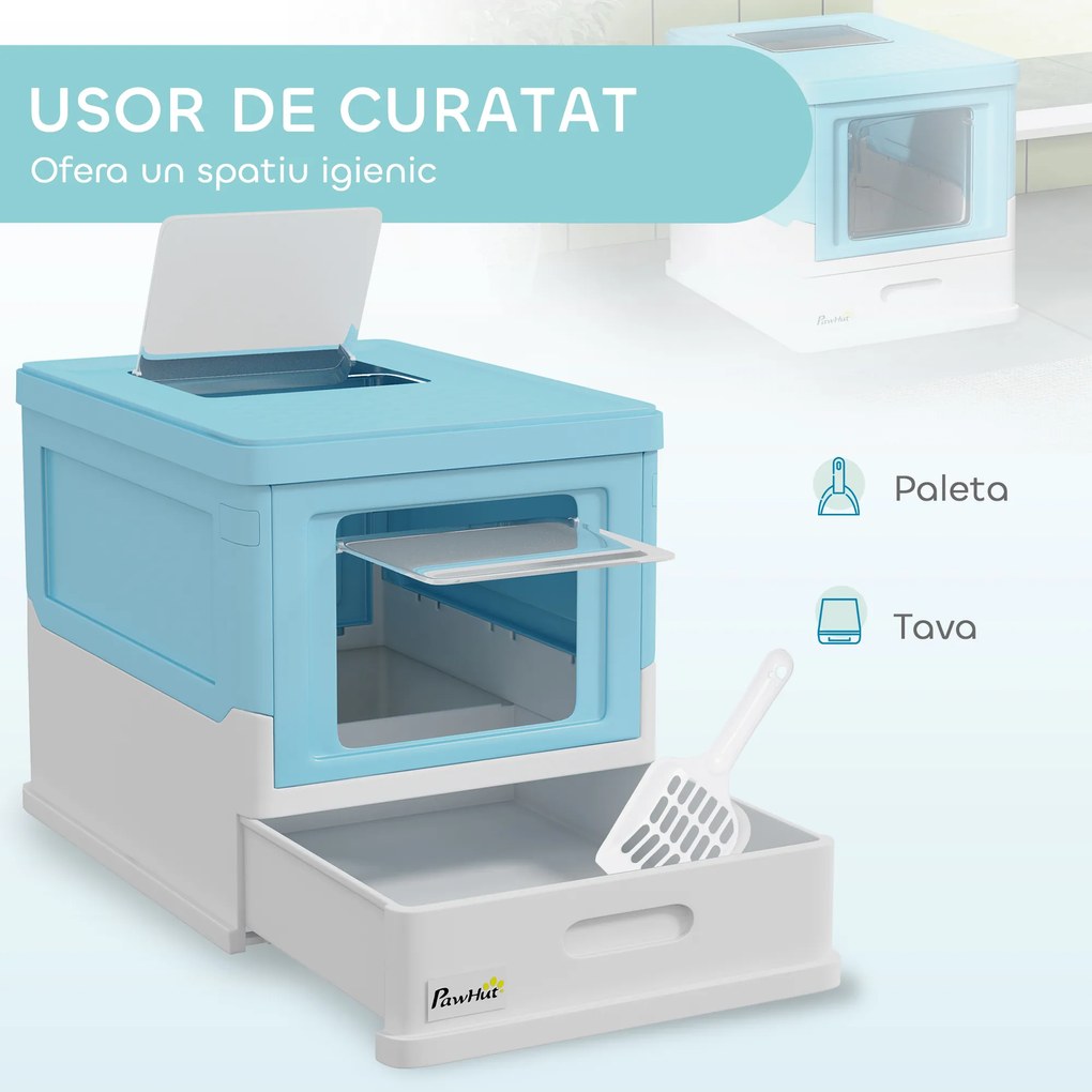 PawHut Litieră pentru Pisici Închisă cu Lopățică, Tavă Detașabilă și 2 Uși, 47.5x35.5x36.7cm, Albastru | Aosom Romania