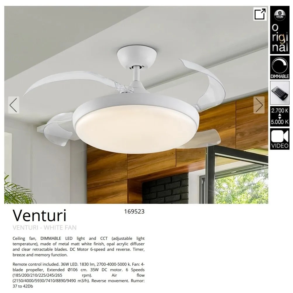 Lustra LED cu Ventilator si telecomanda, lame retractabile Venturi alb