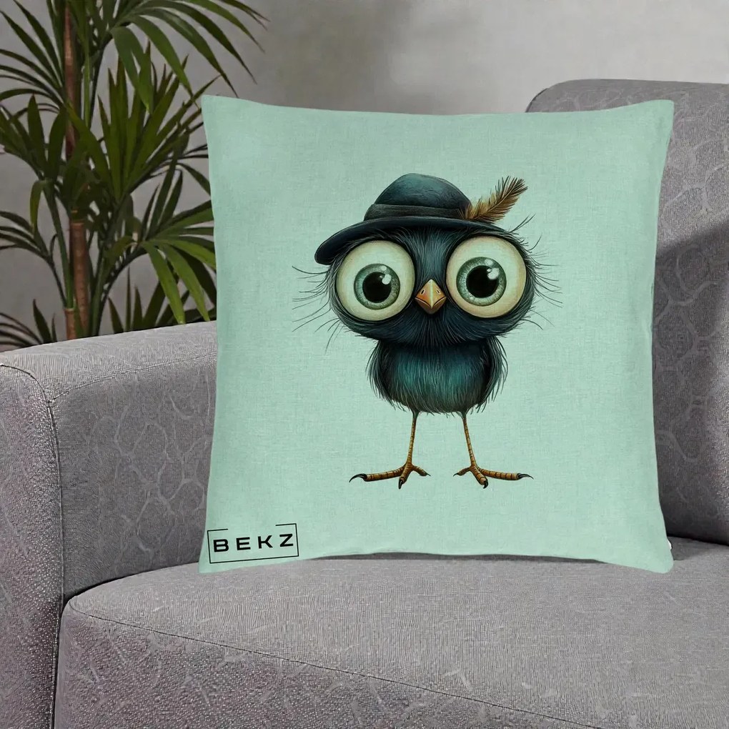 Perna Decorativa Pui Misterios cu Palarie Neagra, 40x40 cm, Verde Menta, Husa Detasabila, Perna Inclusa, BEKZ®