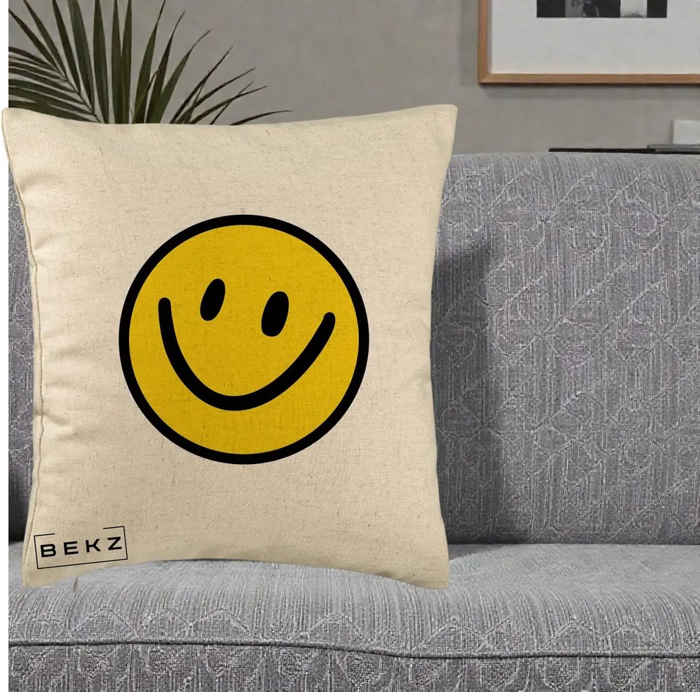 Perna Decorativa Smiley Face Galben Clasic, 40x40 cm, Bej, Husa Detasabila, Perna Inclusa, BEKZ®