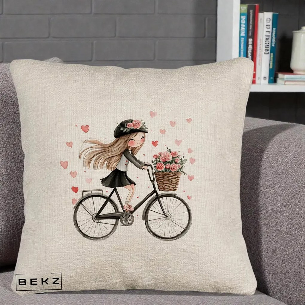 Perna Decorativa Fetita Kawaii pe Bicicleta cu Trandafiri si Inimioare, 40x40 cm, Bej Canapea, Husa Detasabila, Perna Inclusa, BEKZ®