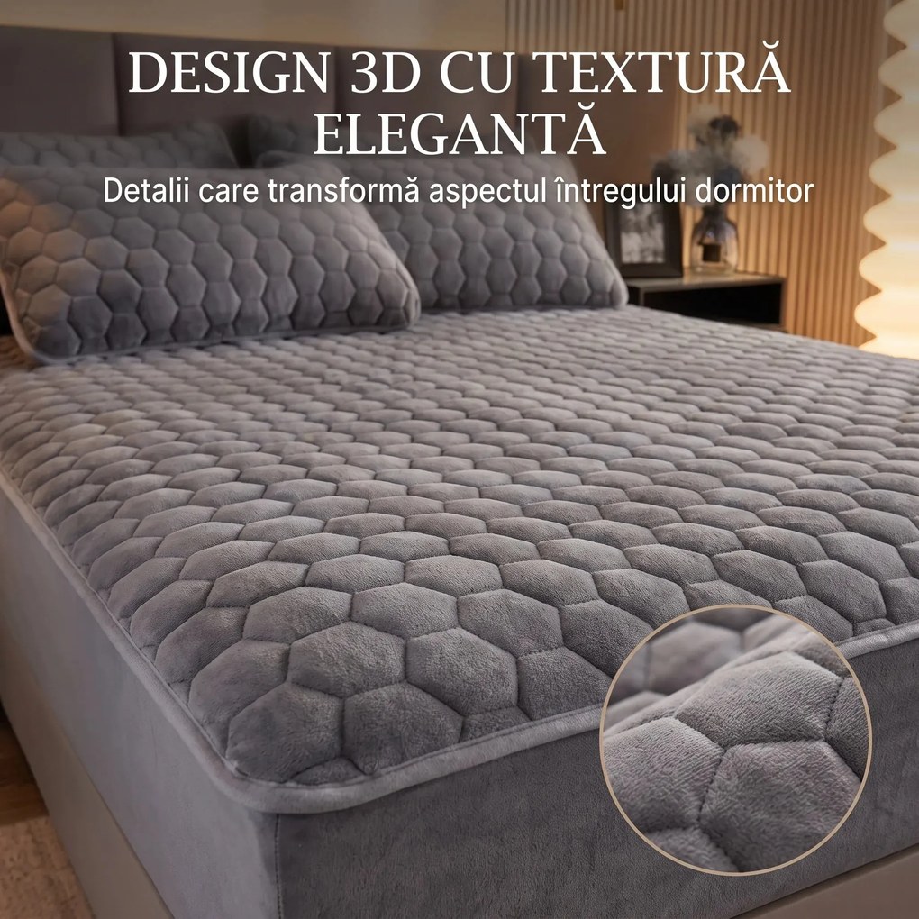 Set lenjerie de pat plusata, husa cu elastic si 2 fete de perna, Gri