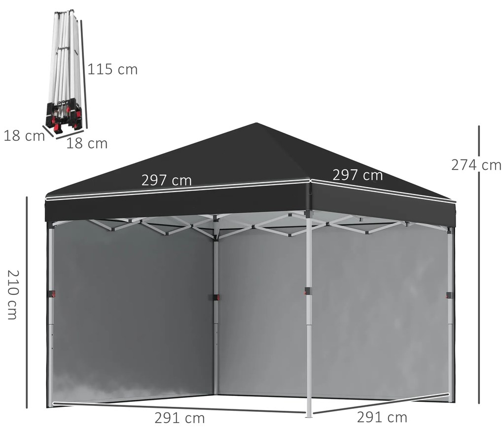 Outsunny Pavilion de Grădină Pliabil cu Înălțime Ajustabilă, 2 Pereți și Geantă Inclusă, 297x297x288 cm, Negru | Aosom Romania