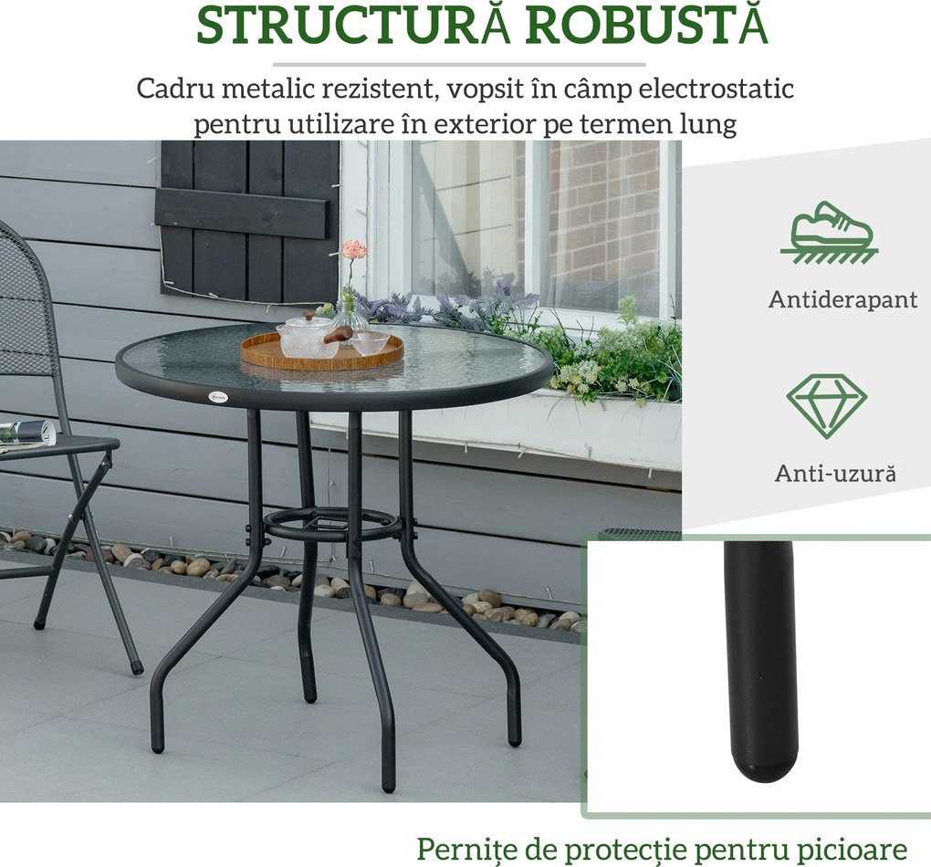 Outsunny Masă de Grădină Rotundă 80 cm cu Orificiu pentru Umbrelă, Masă de Cafea pentru Exterior cu Blat din Sticlă Temperată, Cadru Metalic, pentru Terasă, Balcon, Negru | Aosom Romania