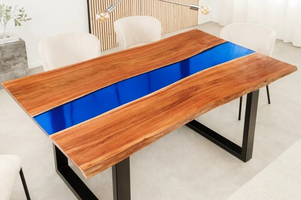 Masa din lemn de salcam cu rasina epoxidica albastra LIQUID 160cm