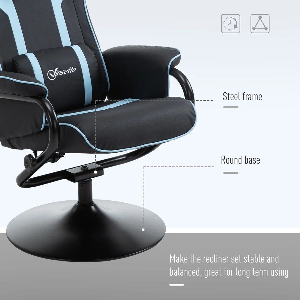 Vinsetto Set 2 Piese Fotoliu Rabatabil cu Suport pentru picioare Stil Gaming, Inclinatie 130° si Suport Lombar, Negru si Albastru