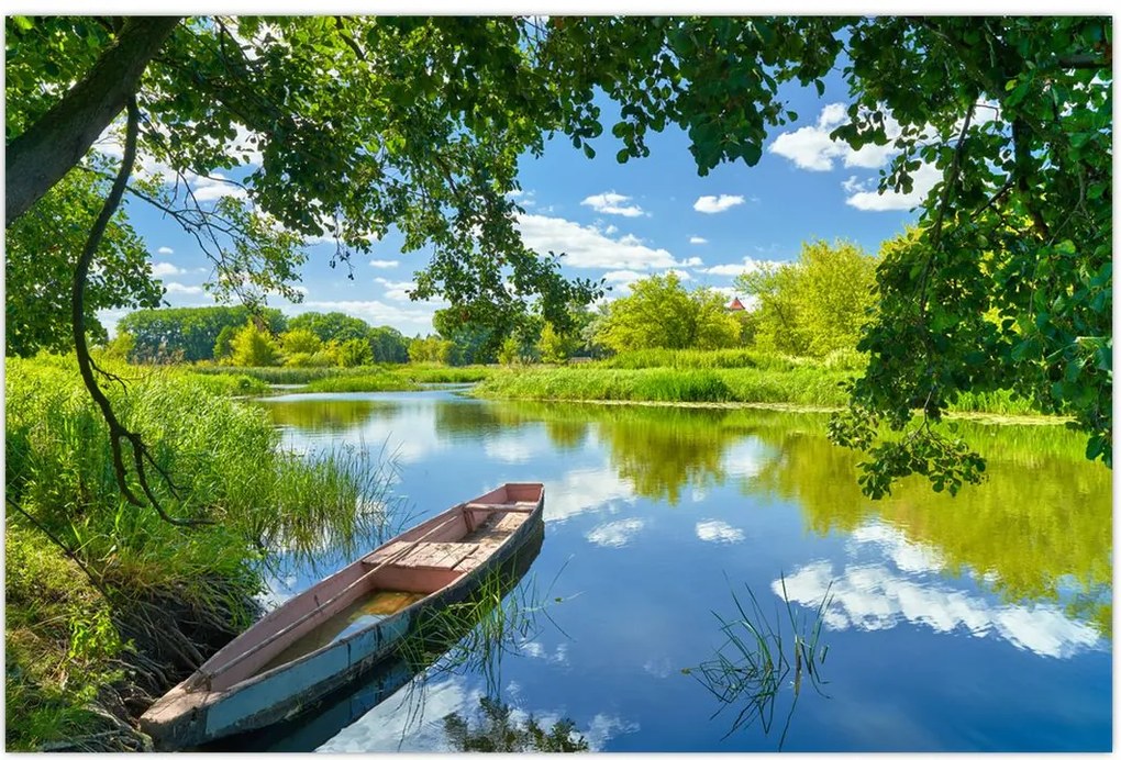 Tablou cu râu de vară și barcă (90x60 cm)