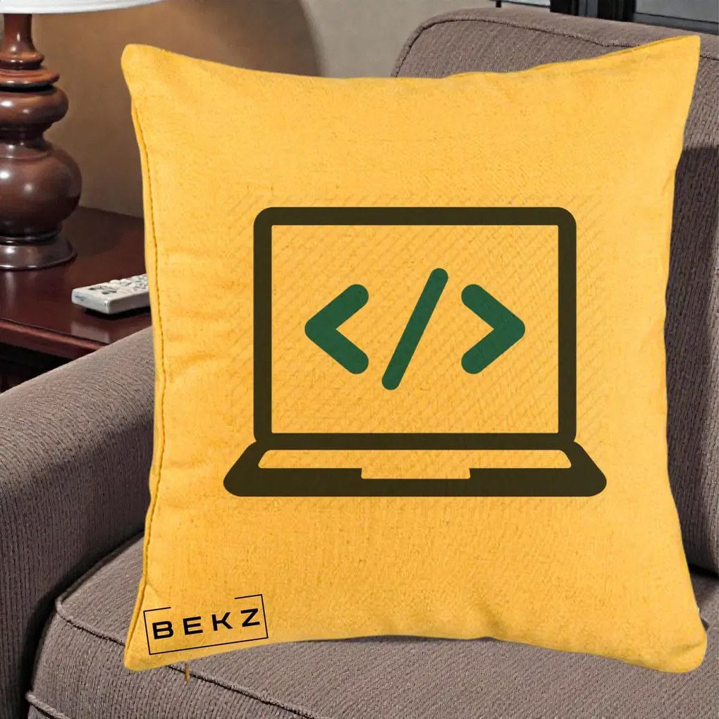 Perna Personalizata Laptop Cod HTML, 40x40 cm, Galben, Husa Detasabila, Perna Inclusa, BEKZ®