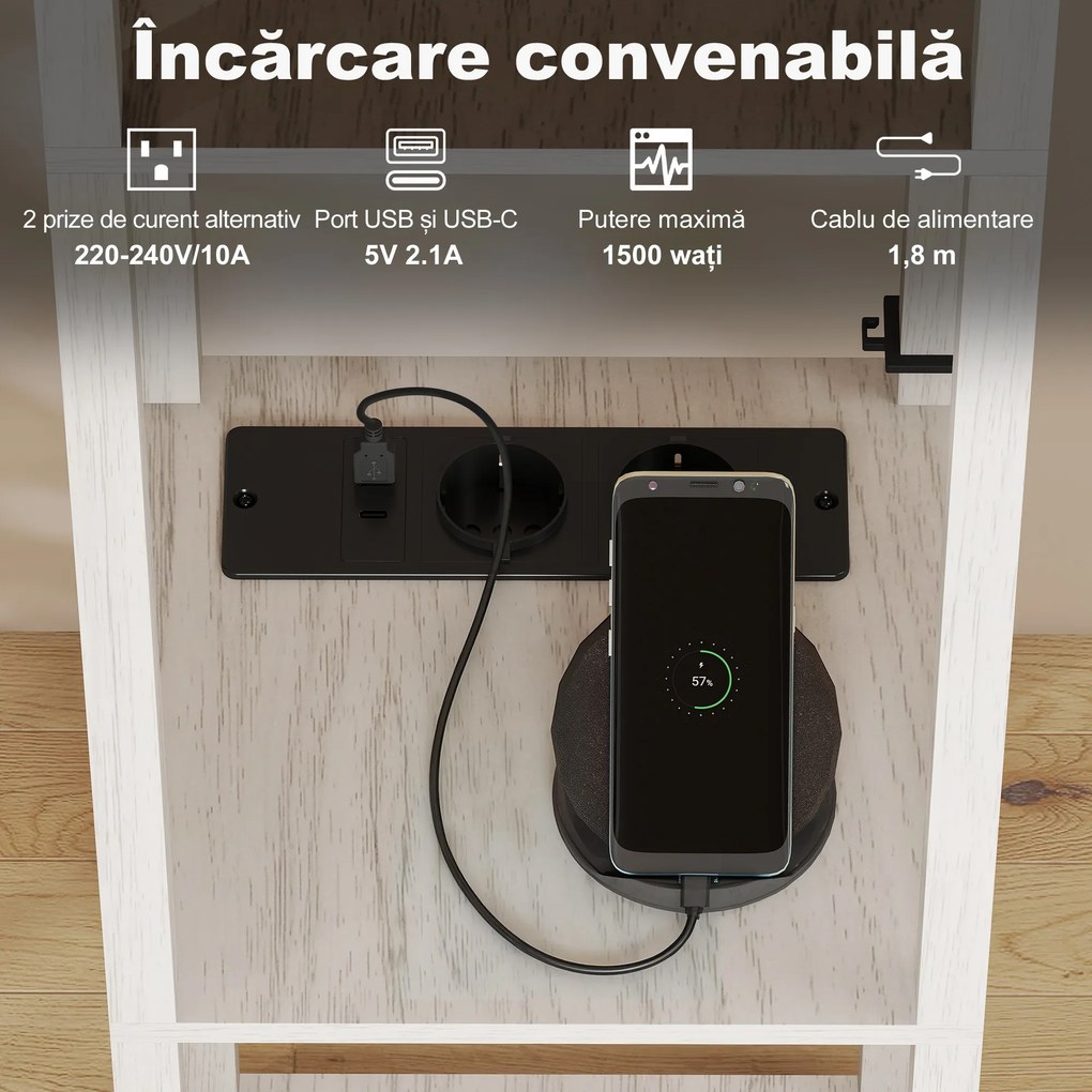 HOMCOM Lampă de Podea LED cu Rafturi, Lampă Modernă cu Comutator cu Pedală și Porturi USB, Lumină cu Culori Reglabile pentru Living și Dormitor, Stejar | Aosom Romania