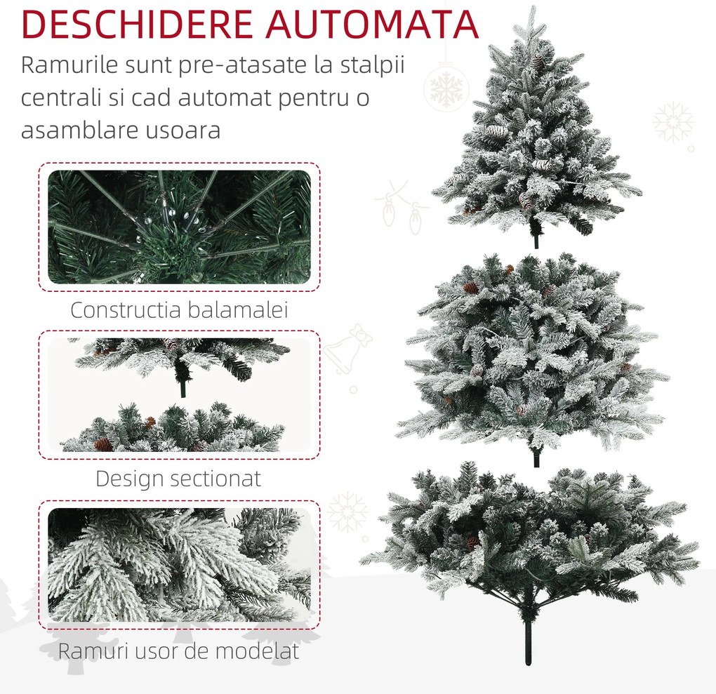 HOMCOM Brad de Crăciun Artificial cu 200 luminițe LED, 793 Ramuri, Crengi Pliabile și Bază Pliabilă, Ø116x180 cm, Verde | Aosom Romania