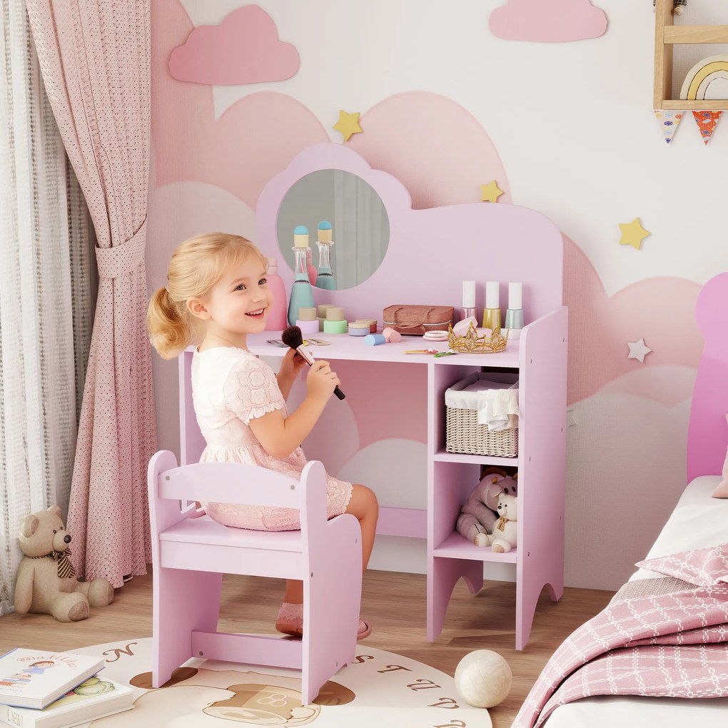 AIYAPLAY Masă de toaletă pentru copii cu scaun și oglindă în formă de floare cu rafturi deschise pentru băieți și fete 3-8 ani Mov | Aosom Romania