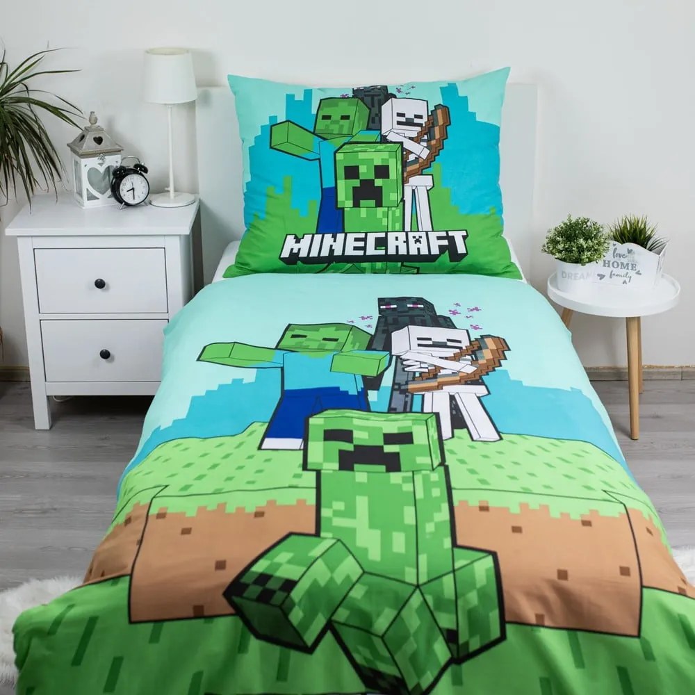 Lenjerie de pat pentru copii verde-albastră din bumbac pentru pat de o persoană 140x200 cm Minecraft "Mobs Here" – Jerry Fabrics