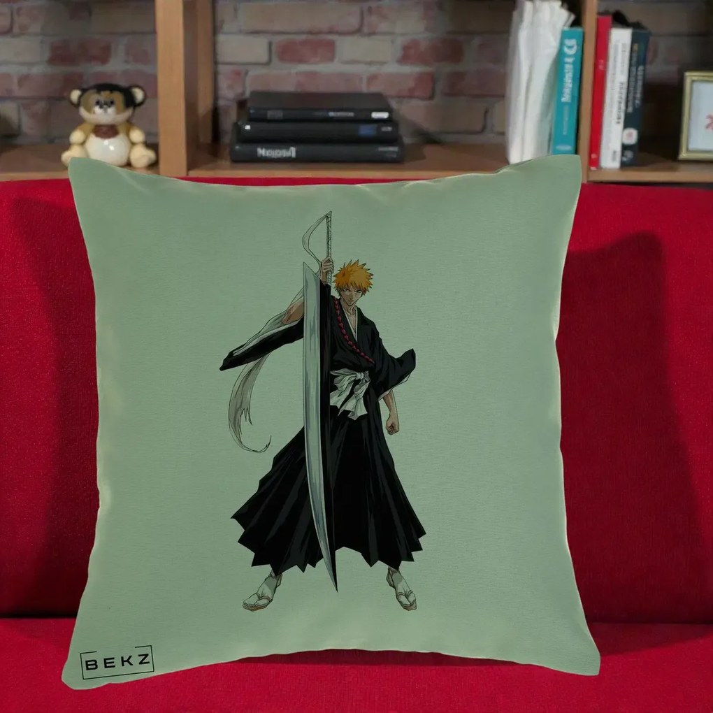 Perna Personalizata Bleach Ichigo Kurosaki Zangetsu, 40x40 cm, Verde, Husa Detasabila, Perna Inclusa, BEKZ®