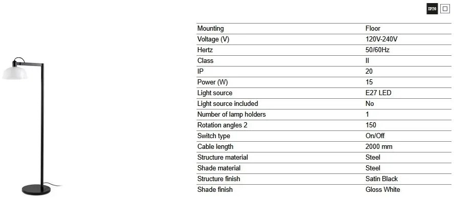 Lampadar de podea metal TATAWIN negru, alb