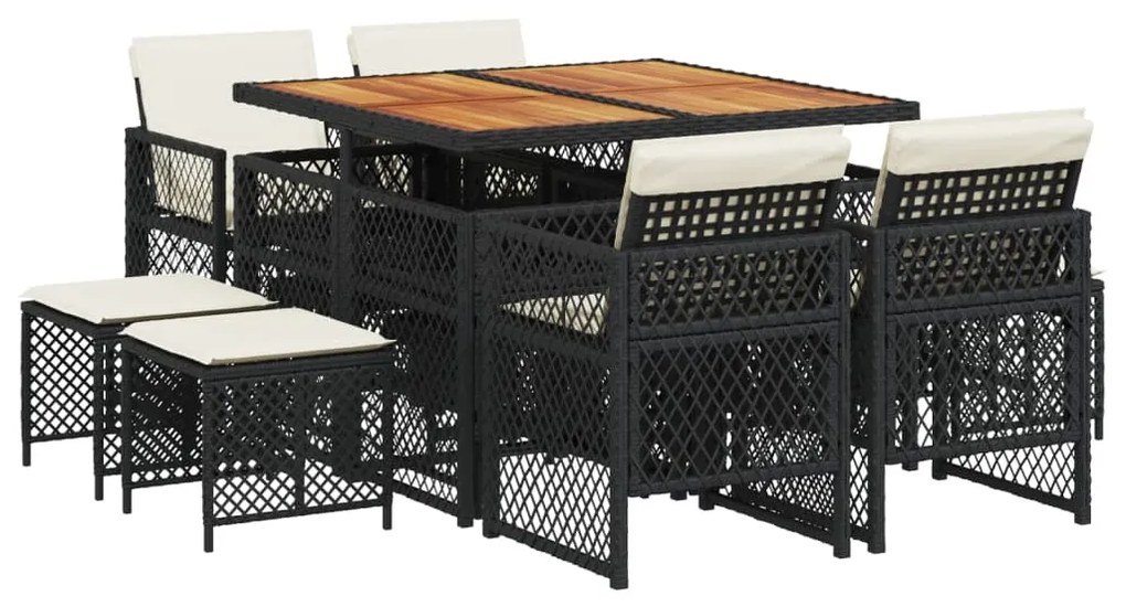 3210783 vidaXL Set mobilier de grădină cu perne, 9 piese, negru, poliratan