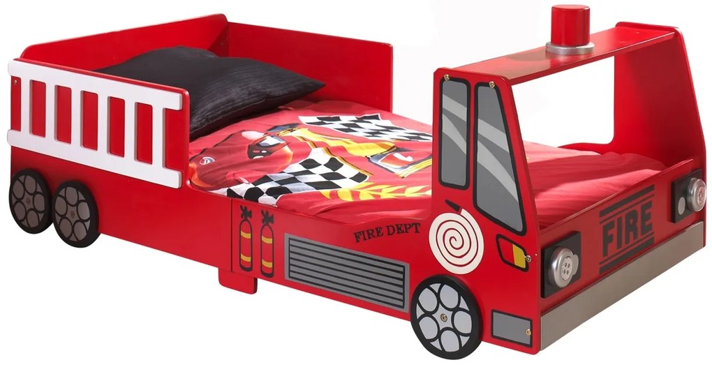 Set Pat Mașină de Pompieri Junior și Saltea pentru Copii, 2 Piese, Roșu (MDF) – Vipack