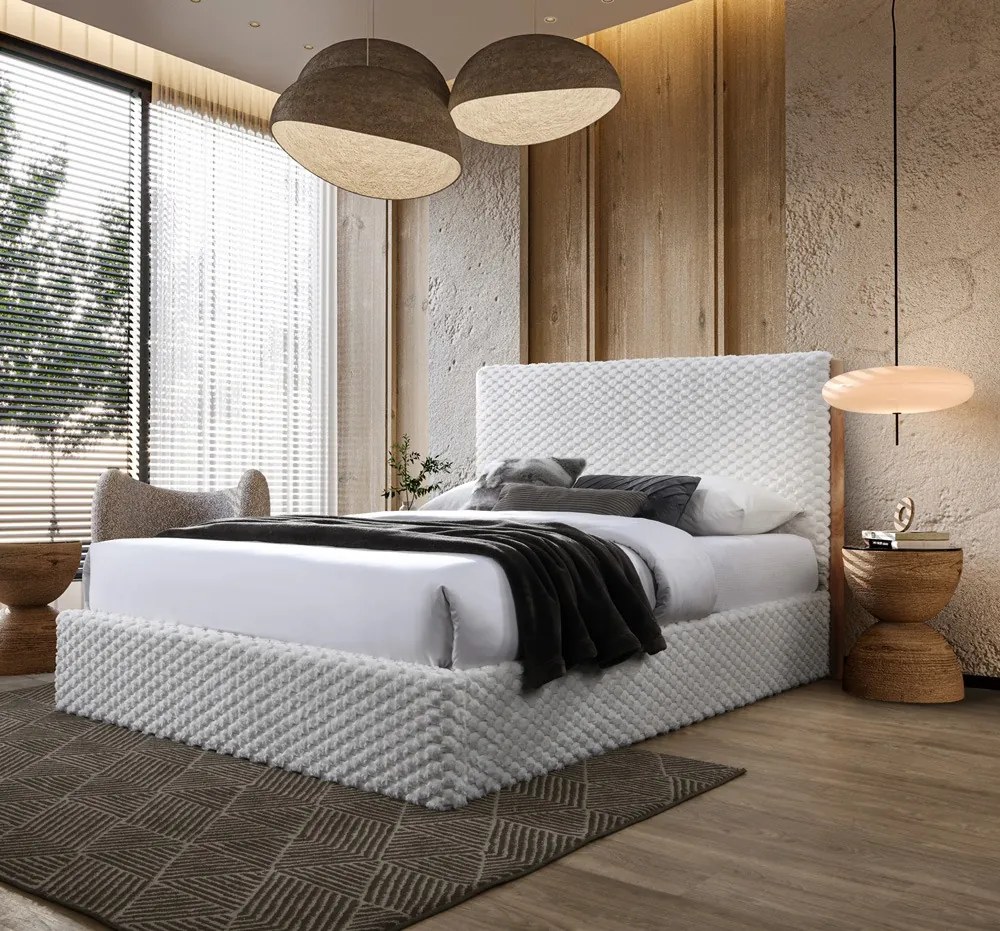 Pat tapitat Nordic cu stofa bucla, 160x200, cu somiera metalica rabatabila si spatiu de depozitare, culoare Bej