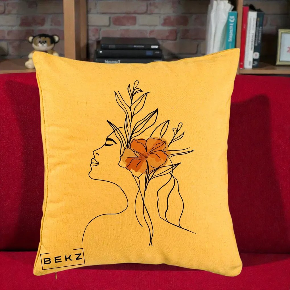 Perna Decorativa Portret Feminin Floare Portocalie Lateral, 40x40 cm, Galben, Husa Detasabila, Perna Inclusa, BEKZ®