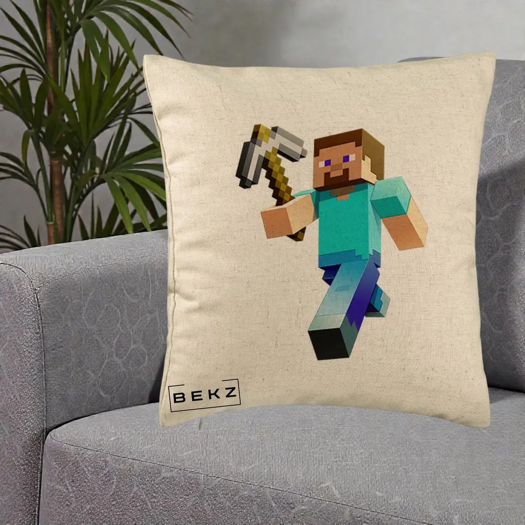 Perna Personalizata Minecraft Steve cu Tarnacop, 40x40 cm, Bej, Husa Detasabila, Perna Inclusa, BEKZ®