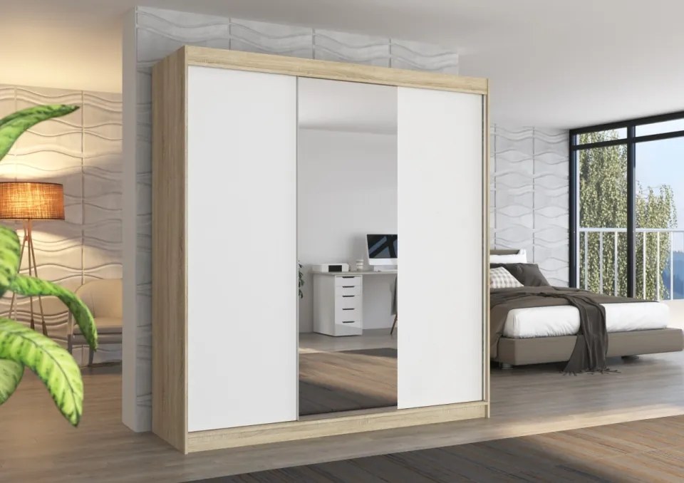 Dulap cu usi glisante si oglinda 200x215 cm, Santiago, ADRK Furniture (Culoare: Alb / Sonoma)