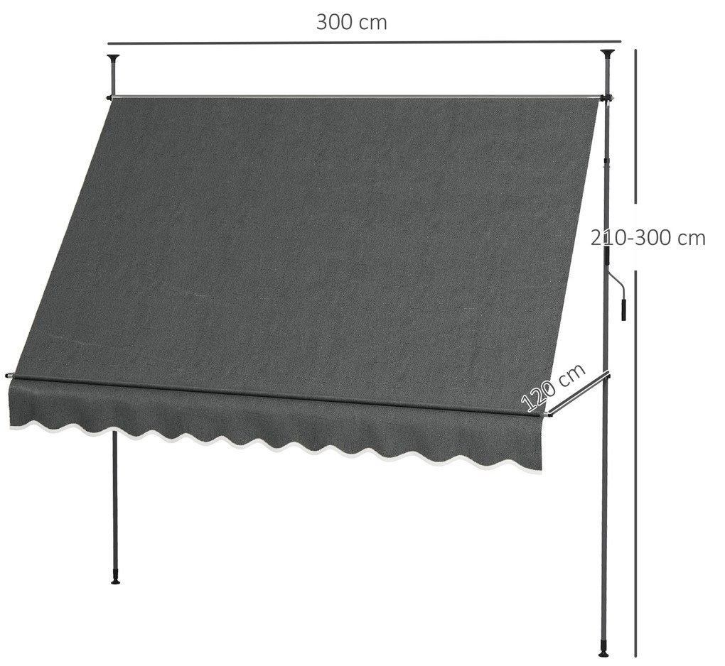 Outsunny Parasol Manual Retractabil pentru Balcon 300x120x210-300 cm cu Manivela Inaltime Ajustabila Impermeabil si Anti-UV Gri Inchis | Aosom Romania