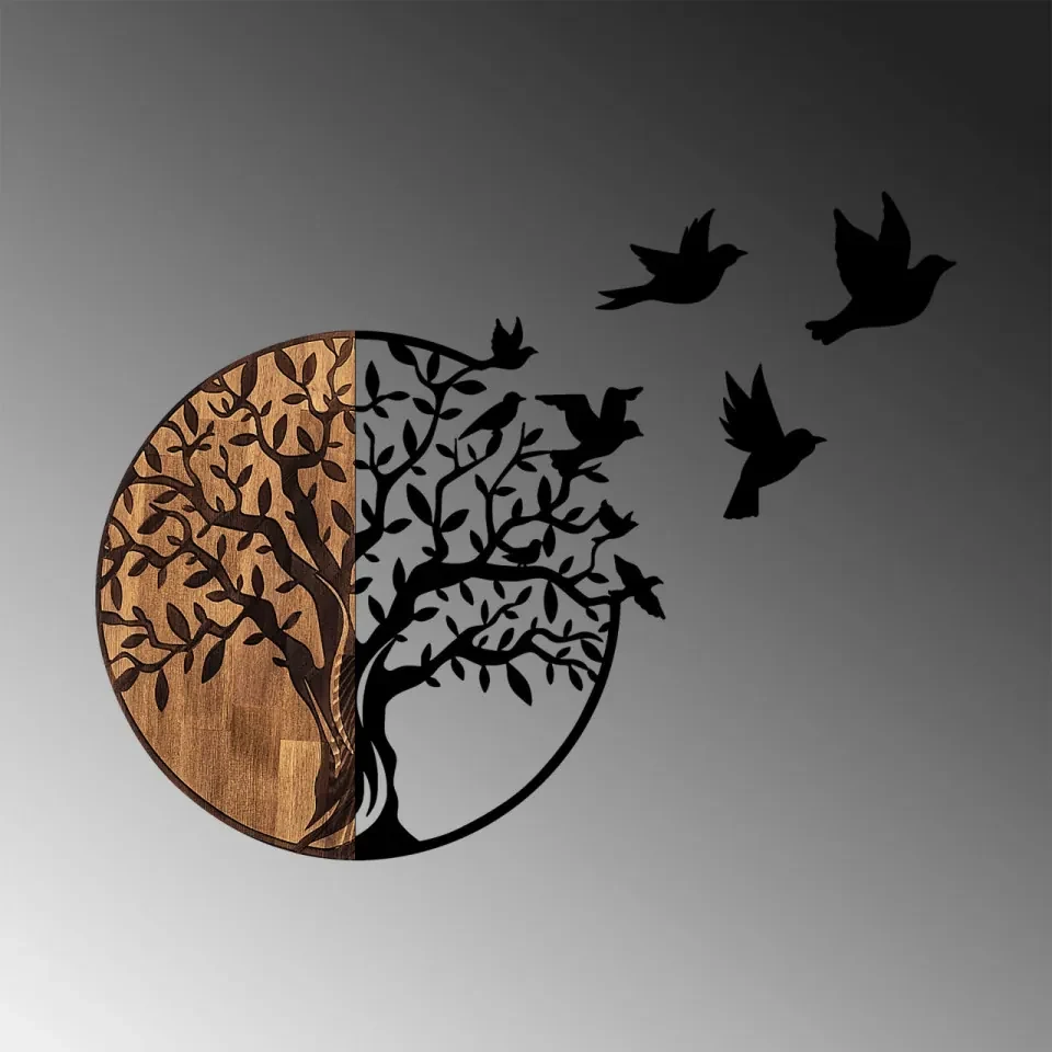 Accesoriu Decorativ de Perete Tree And Birds - 322, Lemn / Metal