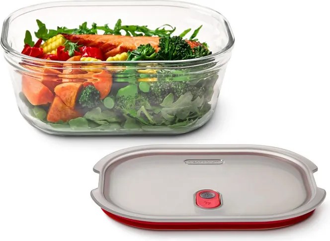Cutie pentru alimente Black+Blum Stack+Nest FBGR-BX-L107, 1,2 l, dreptunghiulară, potrivită pentru cuptor, fără BPA, sticlă borosilicată, gri/roșu
