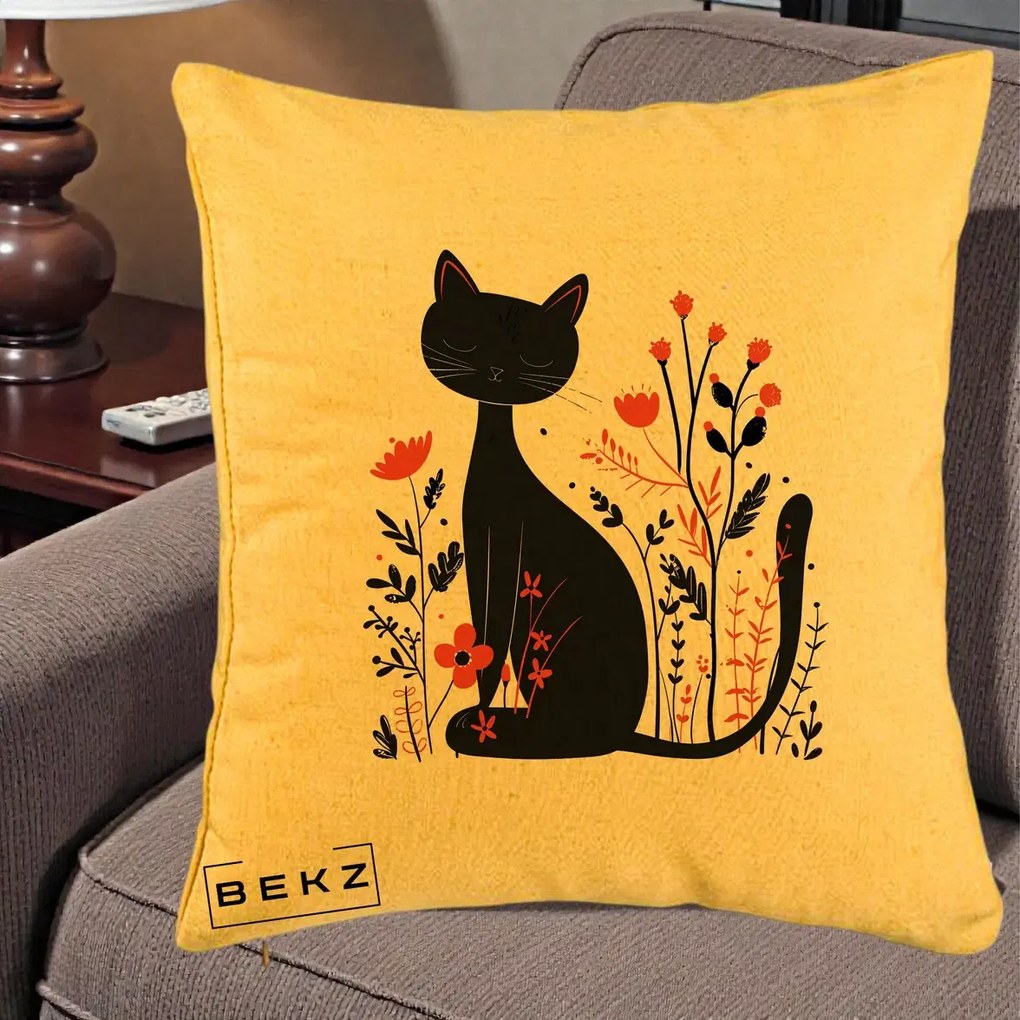 Perna Decorativa Pisica Neagra Flori Rosii Folk Minimal, 40x40 cm, Galben, Husa Detasabila, Perna Inclusa, BEKZ®