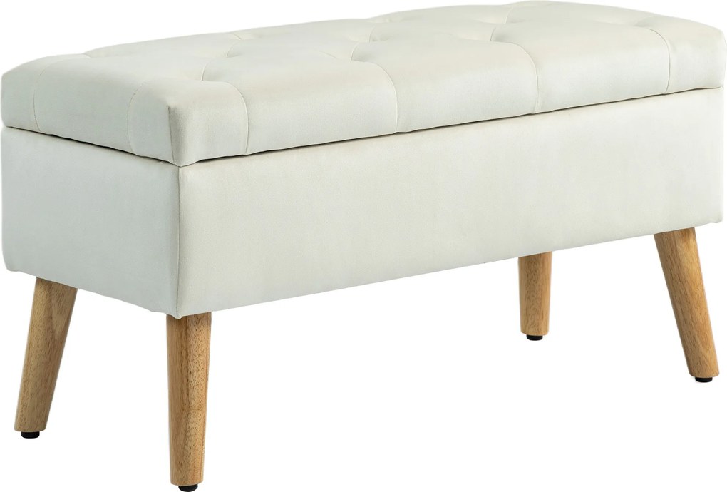 HOMCOM Taburet cu Depozitare In Catifea Picioare In Lemn Di Cauciuc 80x35x42 cm Crem | Aosom Romania