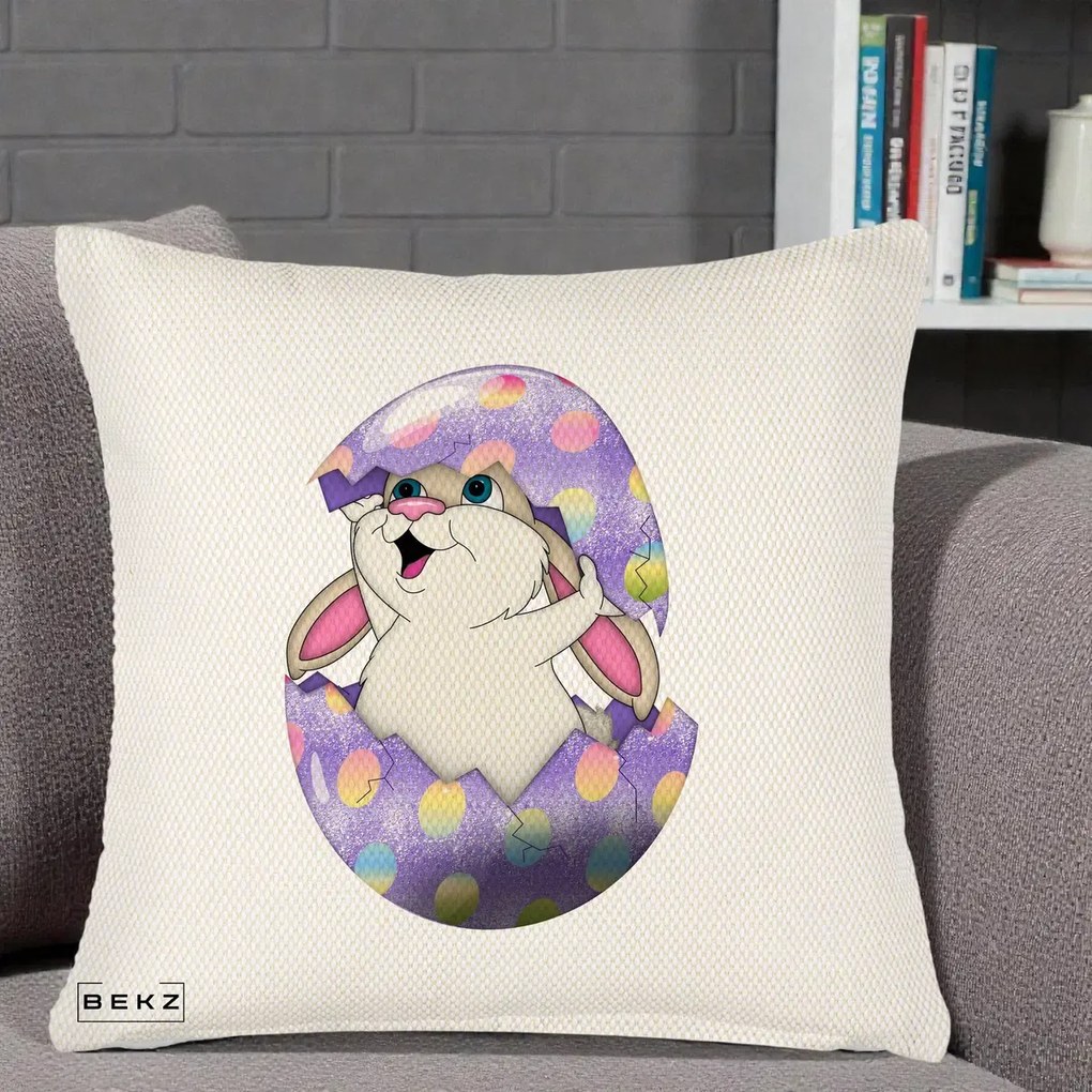 Perna Decorativa Iepuras din Ou de Pasti, 40x40 cm, Crem Reliefat, Husa Detasabila, Perna Inclusa, BEKZ®