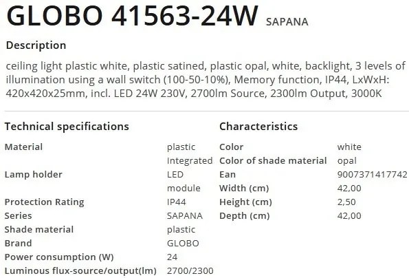 Plafoniera LED design slim Sapana alb 42x42cm