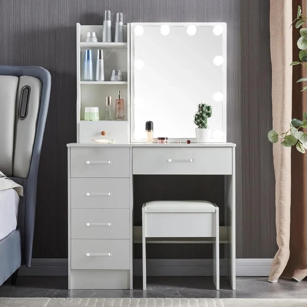 Set ELISHA – Masă de Toaletă pentru Machiaj, Oglindă glisantă iluminată, 5 sertare, Rafturi, Taburet, Alb