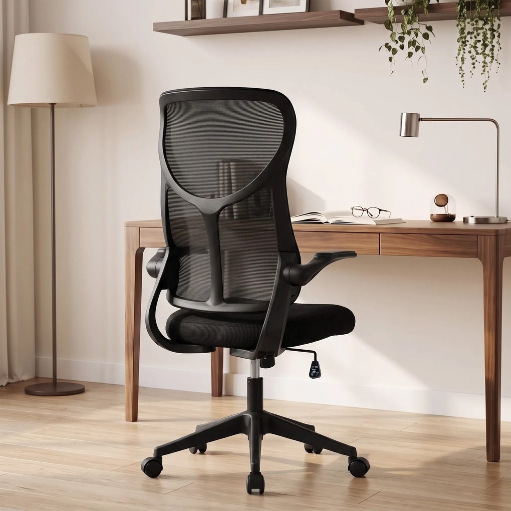HOMCOM Scaun de birou ergonomic rotativ cu brațe rabatabile, funcție de balans, înălțime reglabilă, din plasă, negru | Aosom Romania