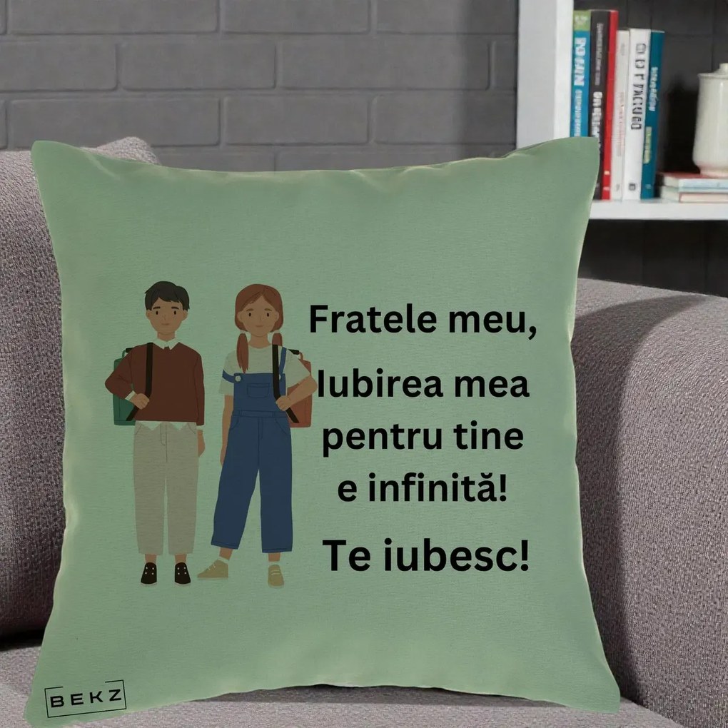 Cadou pentru Frate - Perna Personalizata Fratele Meu Te Iubesc Elevi Ilustratie Colorata, 40x40 cm, Verde, Husa Detasabila, Perna Inclusa, BEKZ®