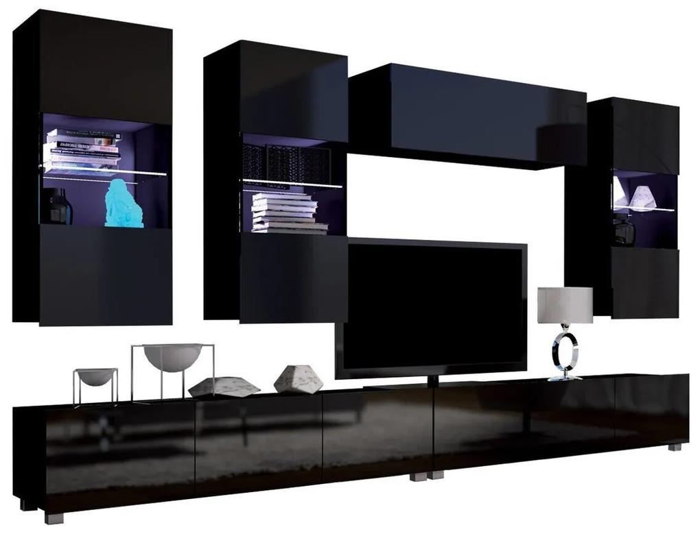Camera de zi Providence B109Negru lucios, Negru, Părți separate, Cu comodă tv, Cu componente suplimentare, PAL laminat, 300x43cm, 130 kg
