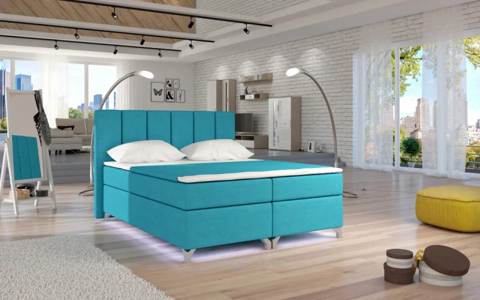 Pat tapitat boxspring, cu spatiu pentru depozitare, echipat cu LED, 180X200 cm, Basilio 2, Eltap (Culoare: Verde deschis)