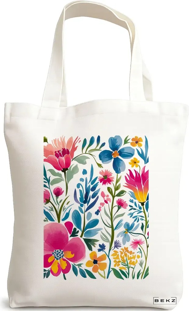Sacosa de Panza pentru Cumparaturi, Geanta Tote, model Flower Watecolor 1, 38 x 34.5 cm, Alba, BEKZ®