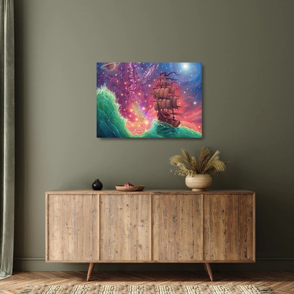 Tablou pe sticlă - Cerul spațial cu navă (70x50 cm)