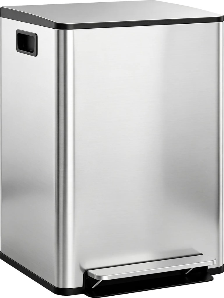 HOMCOM Coș de Gunoi cu 2 Compartimente de 30L, Pedală și Capac Silențios, 47,7x37,5x66,8 cm, Argintiu | Aosom Romania