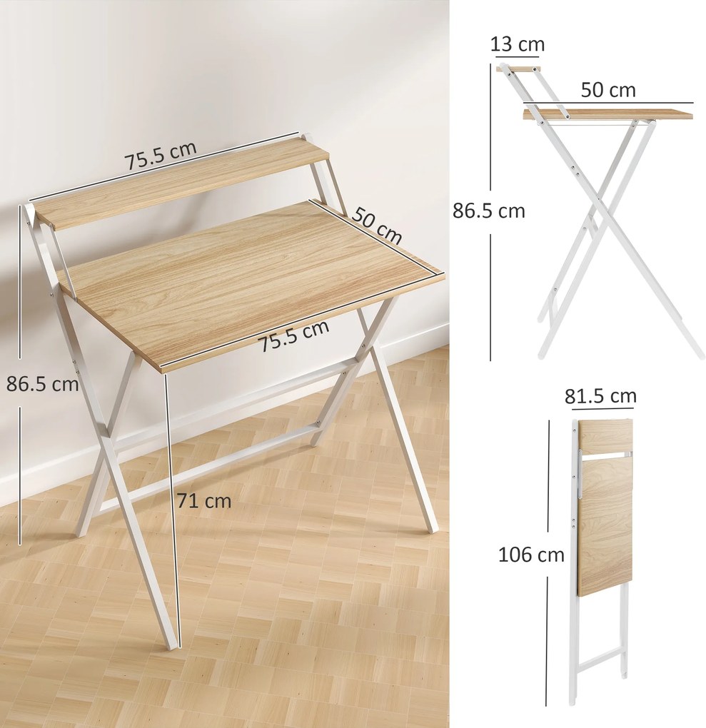 Birou HOMCOM pliant compact, suport monitor, lemn natural | Aosom Romania