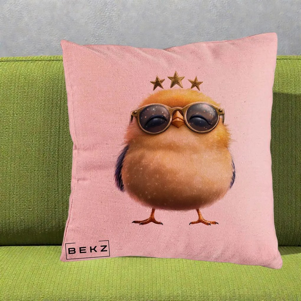 Perna Decorativa Pui Gold Star cu Ochelari Aurii, 40x40 cm, Roz, Husa Detasabila, Perna Inclusa, BEKZ®