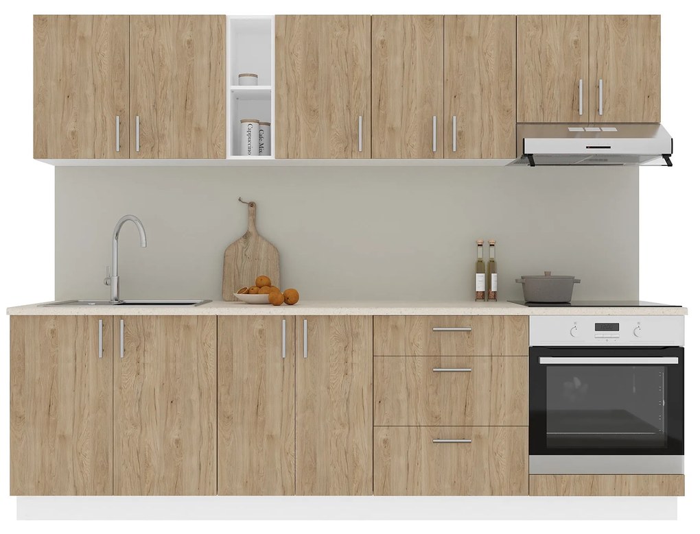 Set Bucatarie Karo V18, Lemn Natural/Alb, Blat Thermo 28 mm, L 260 cm